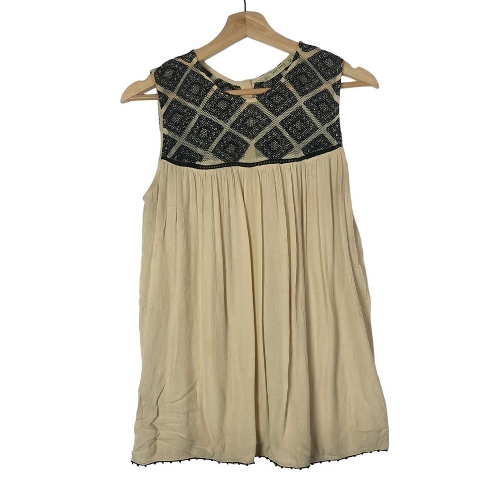 Zara Basic Cream & Black‎ Embroidered Bust Sleeveless Blouse M
